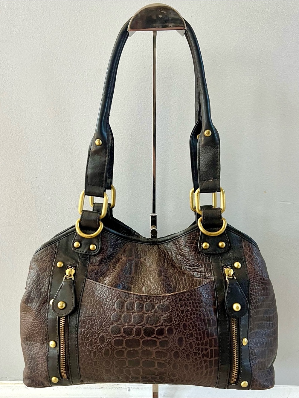 Great American Leatherworks Satchel Shoulder Bag Croc Embossed Brown Black